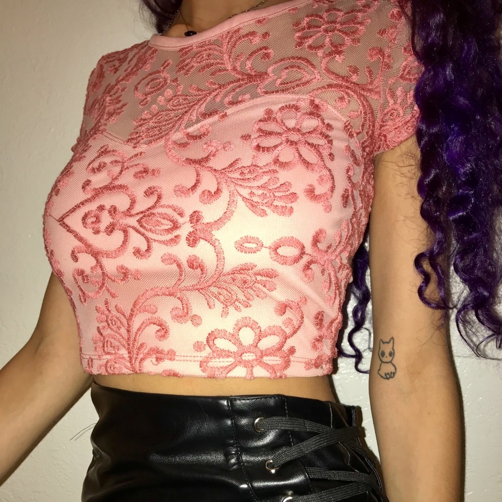 mesh and lace pink sweetheart neck crop top